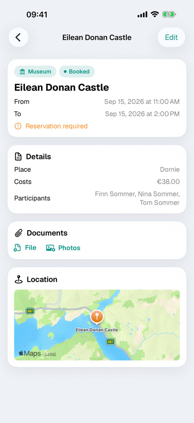 Activity detail with header card, details card and location card