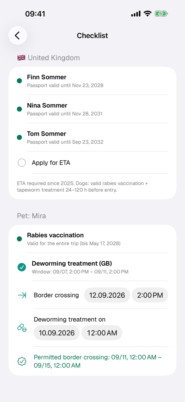 Checklist with a country section (status-light rows per person, ETA item) and a pet section with deworming window