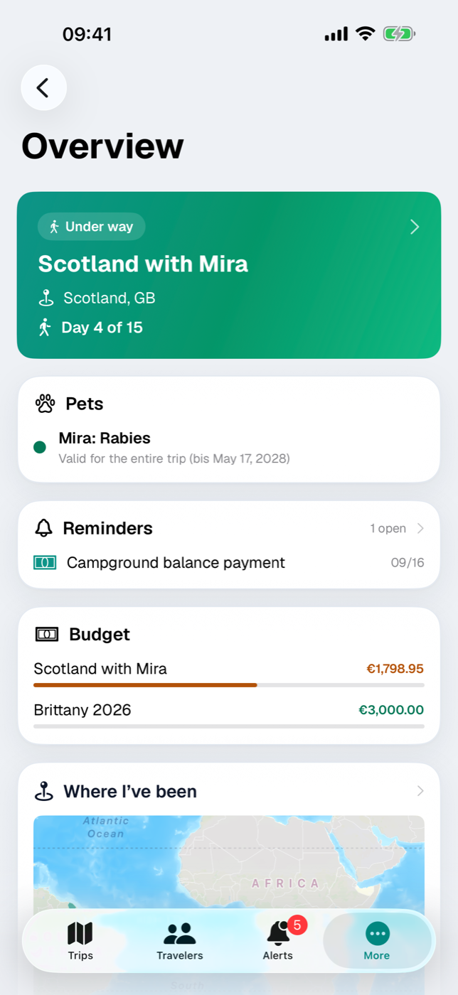 Overview with trip card, reminders, document expiry, budget and world map
