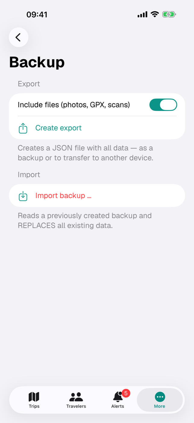 “Backup” screen with the “Include files” switch, the “Create export” button and the Import section