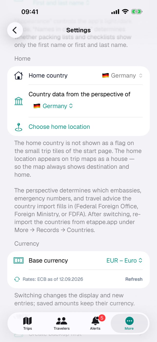 The “Home” and “Currency” sections in Settings: home country, home location, base currency and the exchange-rate status