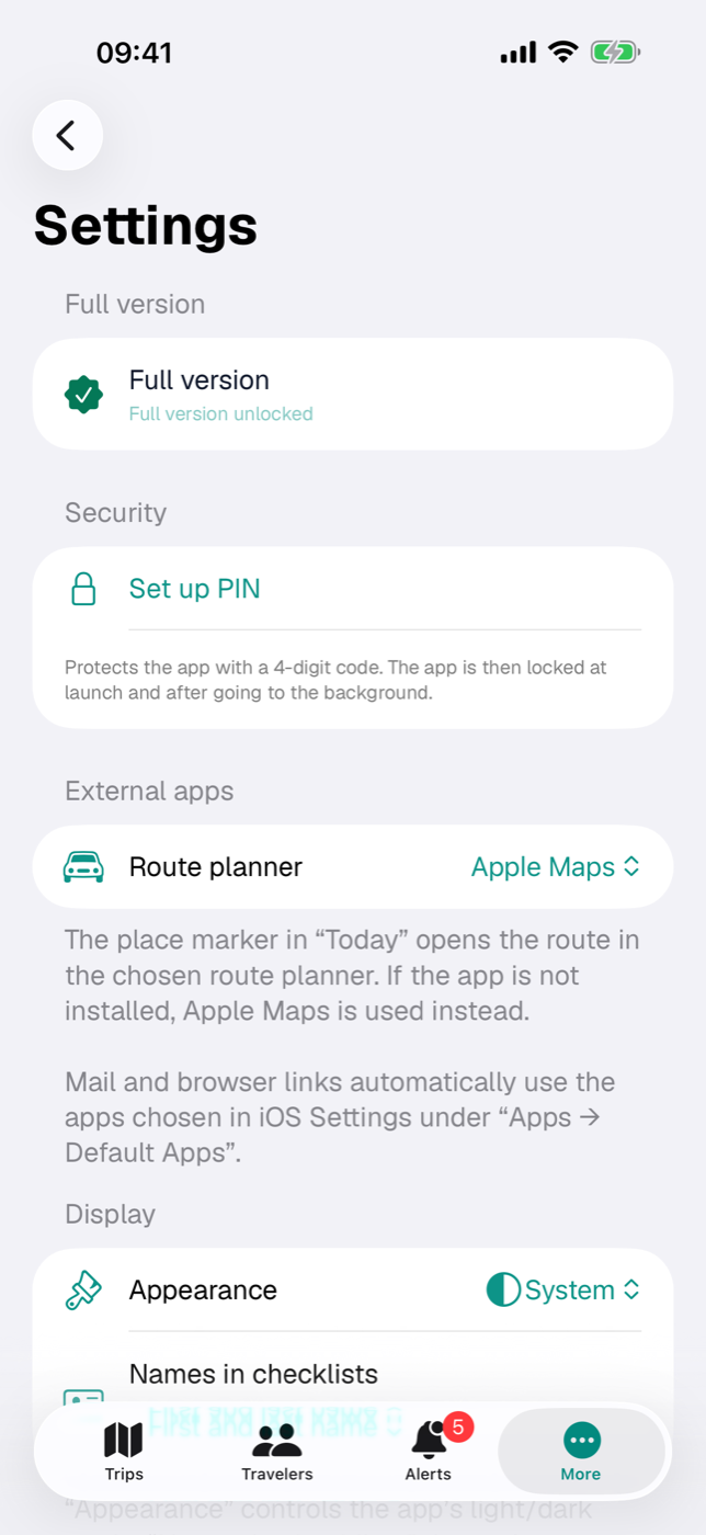 The “Security” section in Settings, here without a code set up yet