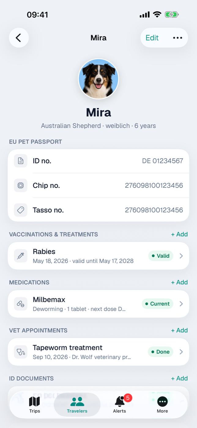 Pet detail with pet passport, vaccination, medication and vet appointment