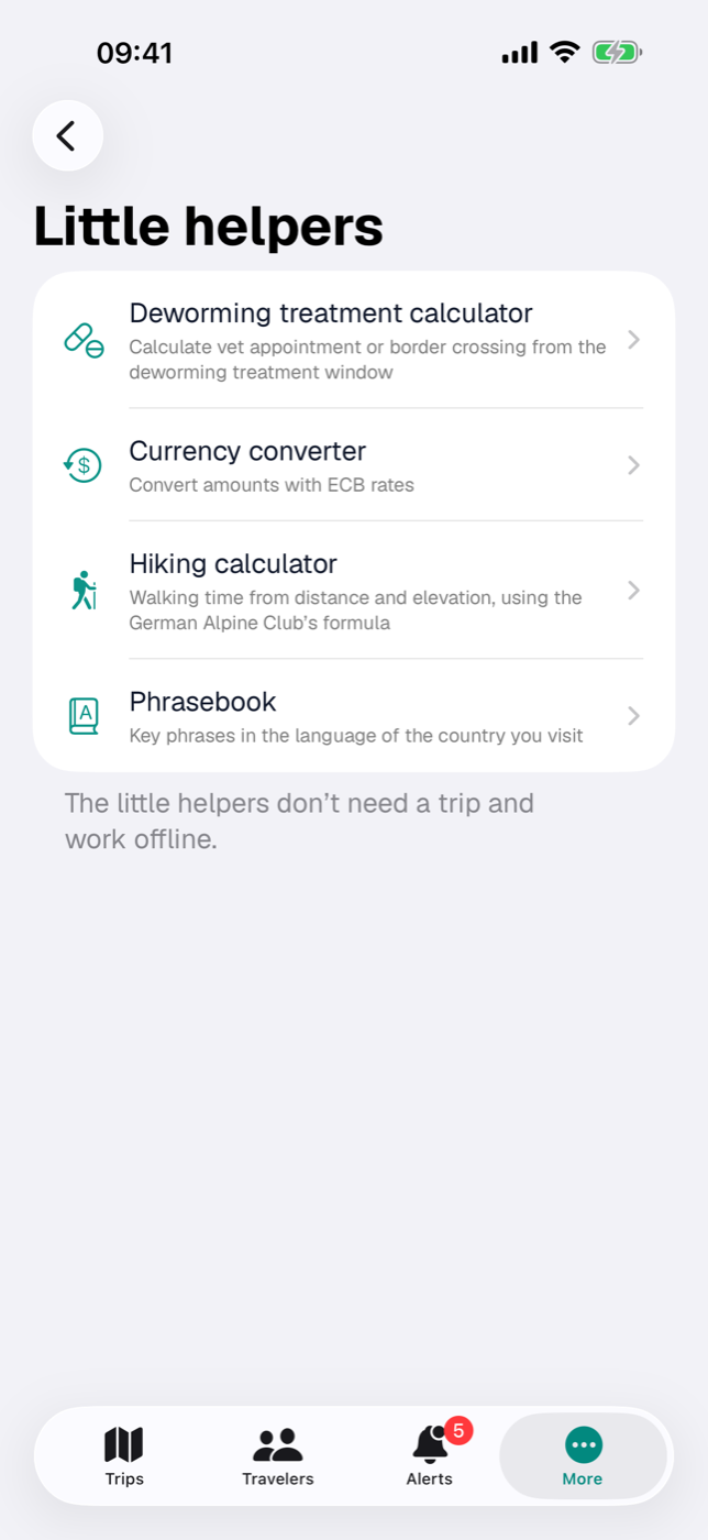 The little helpers: deworming treatment calculator, currency converter, hiking calculator and phrasebook