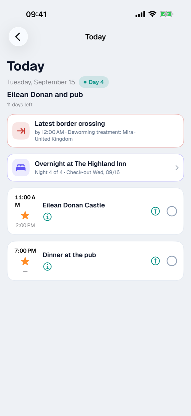 Today screen with the “Day 4” header, an overnight-stay card, and two event cards