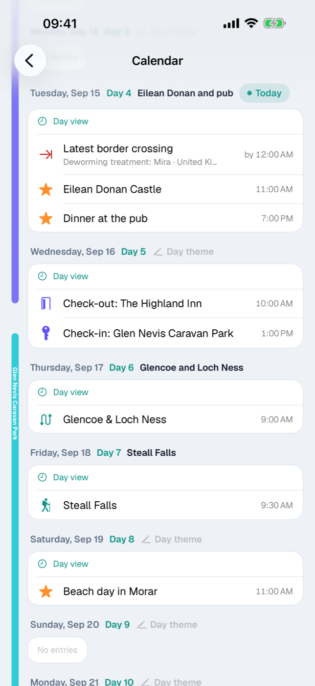 Calendar agenda with day cards, day number and Today pill