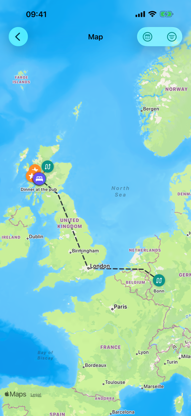 Trip map with pins of different types, a journey line and the house marker