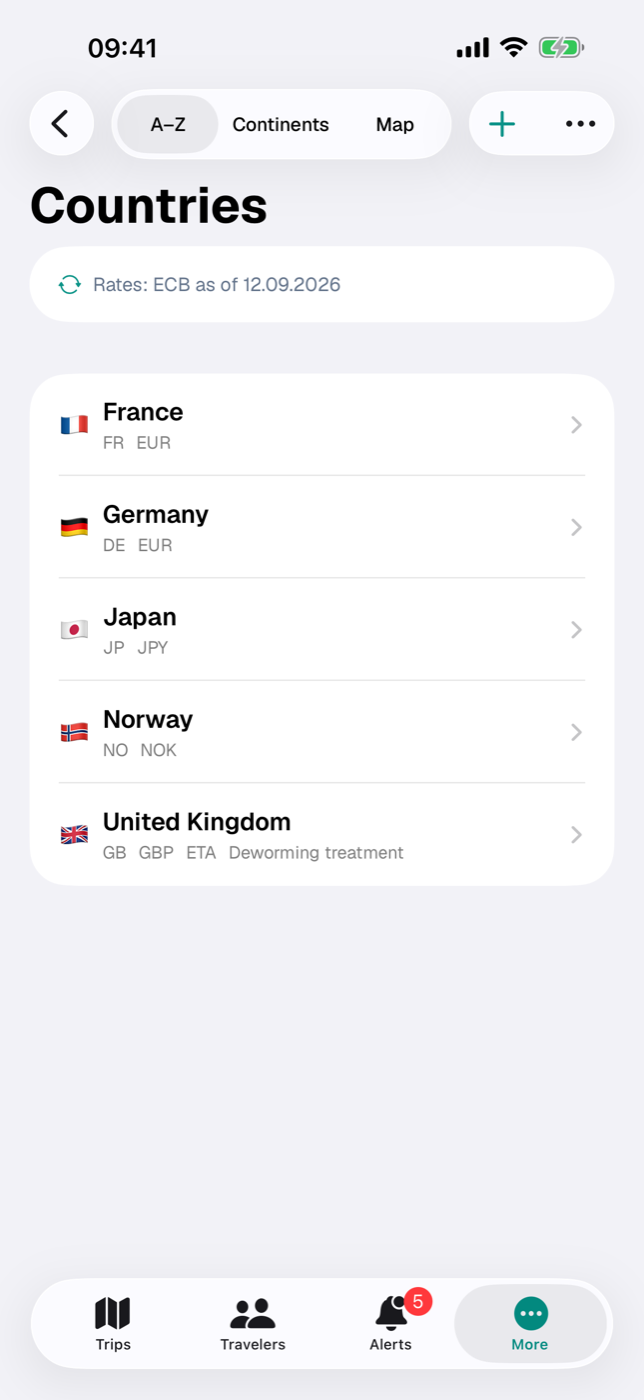 Country list in the A–Z view with flag, ISO code, currency and short badges