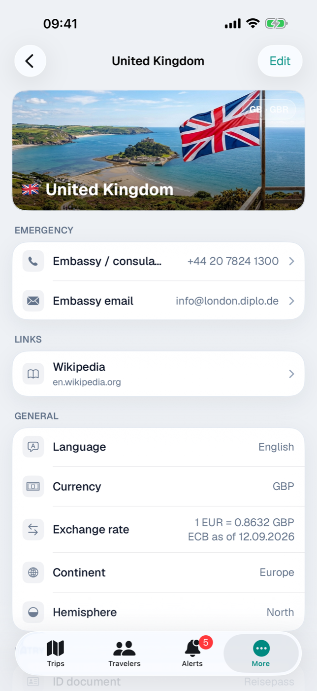 Country detail with banner, emergency card and entry pills