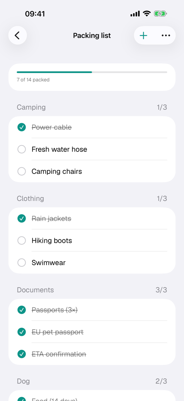 Packing list with progress bar, category sections and checked-off entries