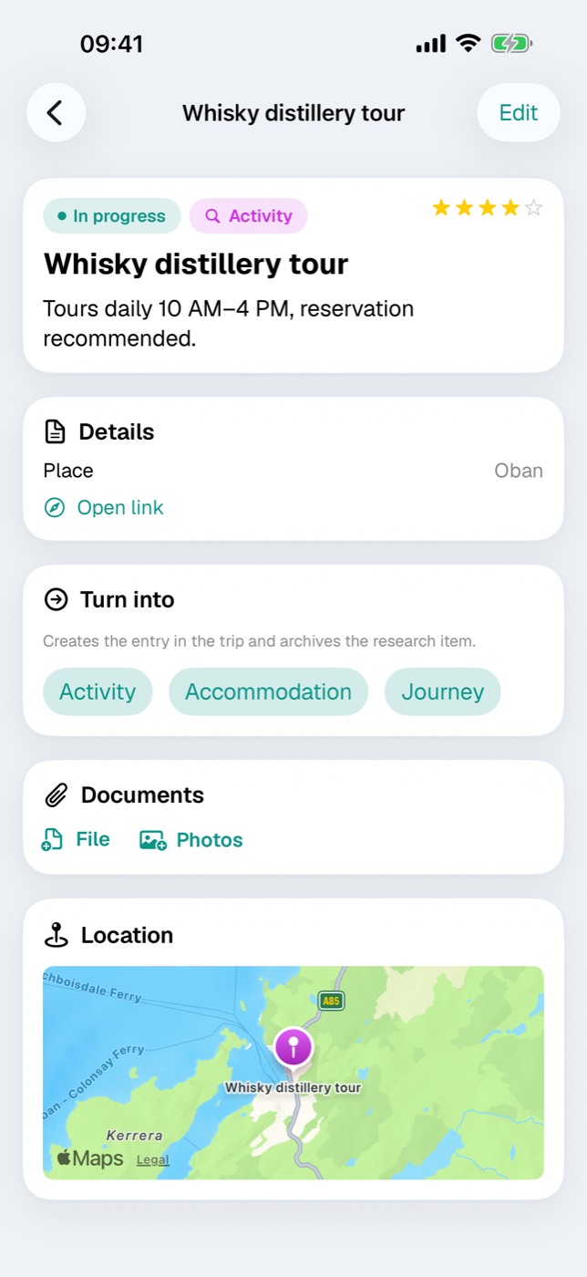 Research detail with header card, details and Turn into buttons