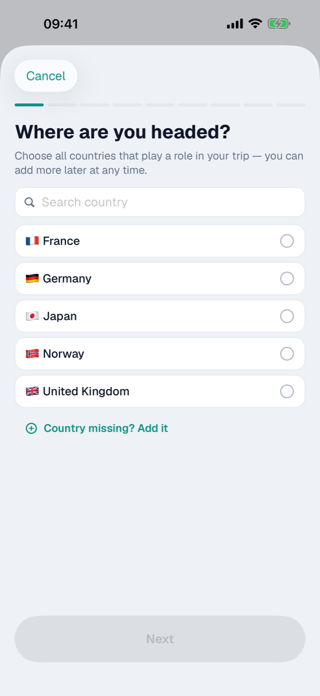 Assistant step “Where are you headed?” with the country list