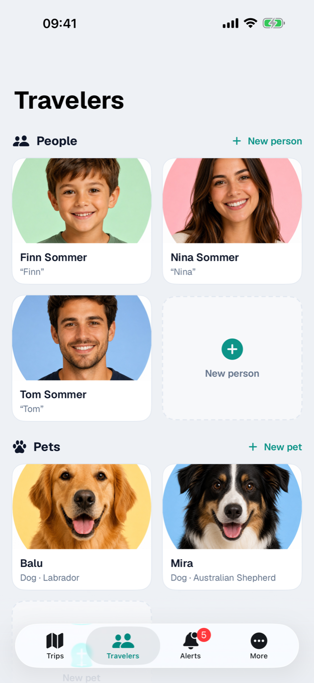 “Travelers” tab with photo tiles of the people and the dashed “New person” tile
