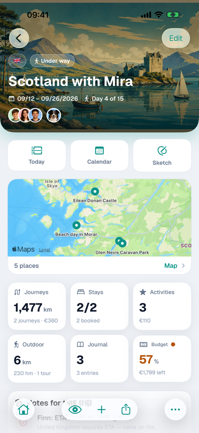Trip page with hero, three shortcut tiles, and the six stat tiles