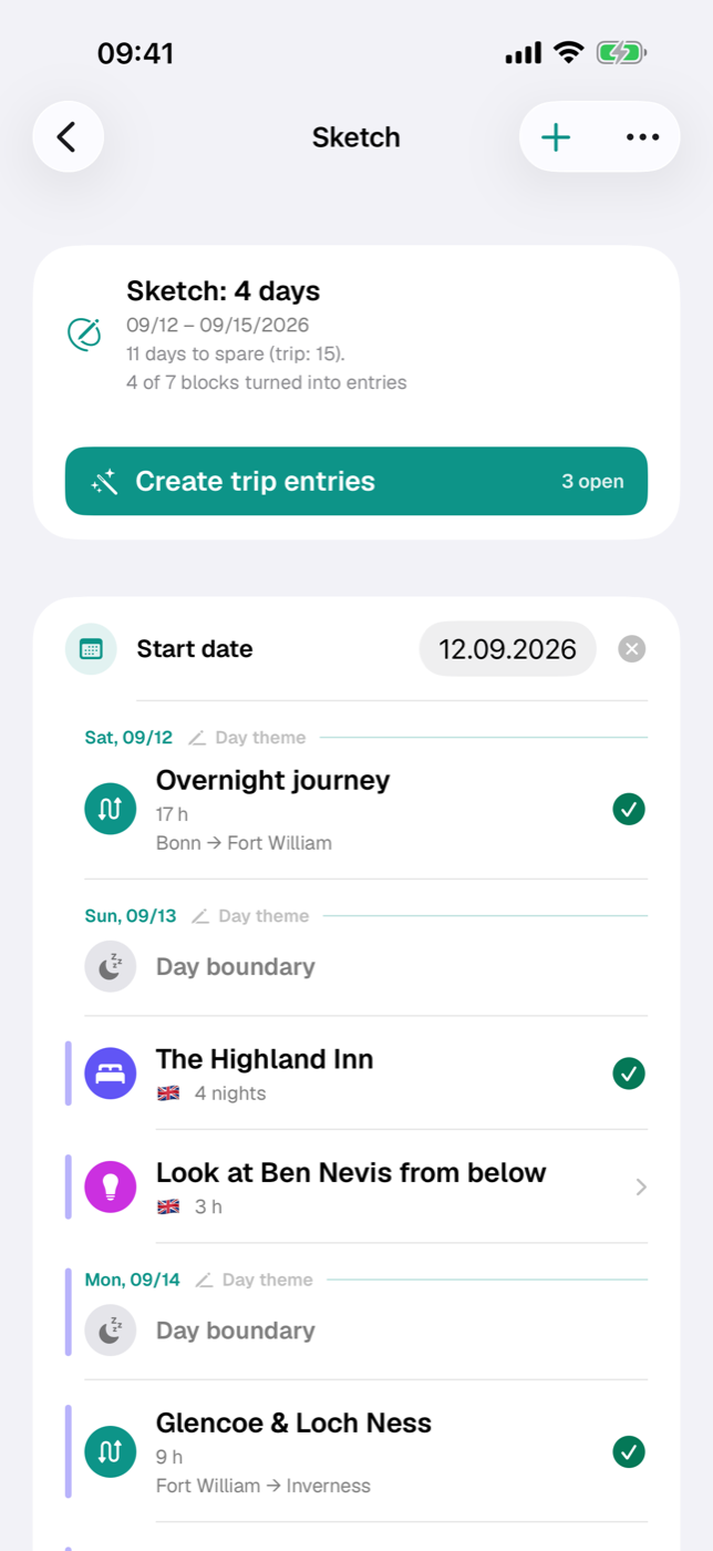 Sketch list with day headers, blocks and overnight-stay bars
