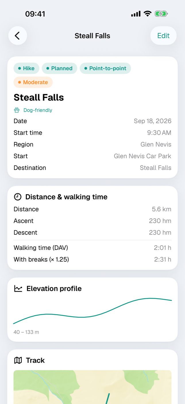 Outdoor activity detail with walking time card, elevation profile and track