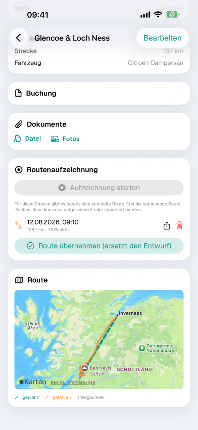 Journey detail with a recorded route: planned dashed, recorded solid