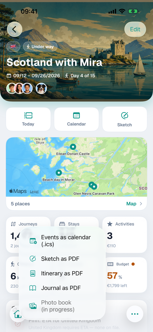 Trip detail with the Share menu opened in the bottom bar