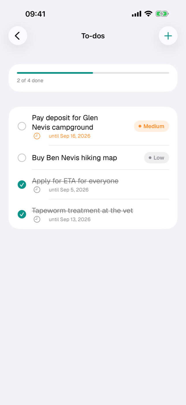 To-do list with progress bar, priority badges and an overdue due date