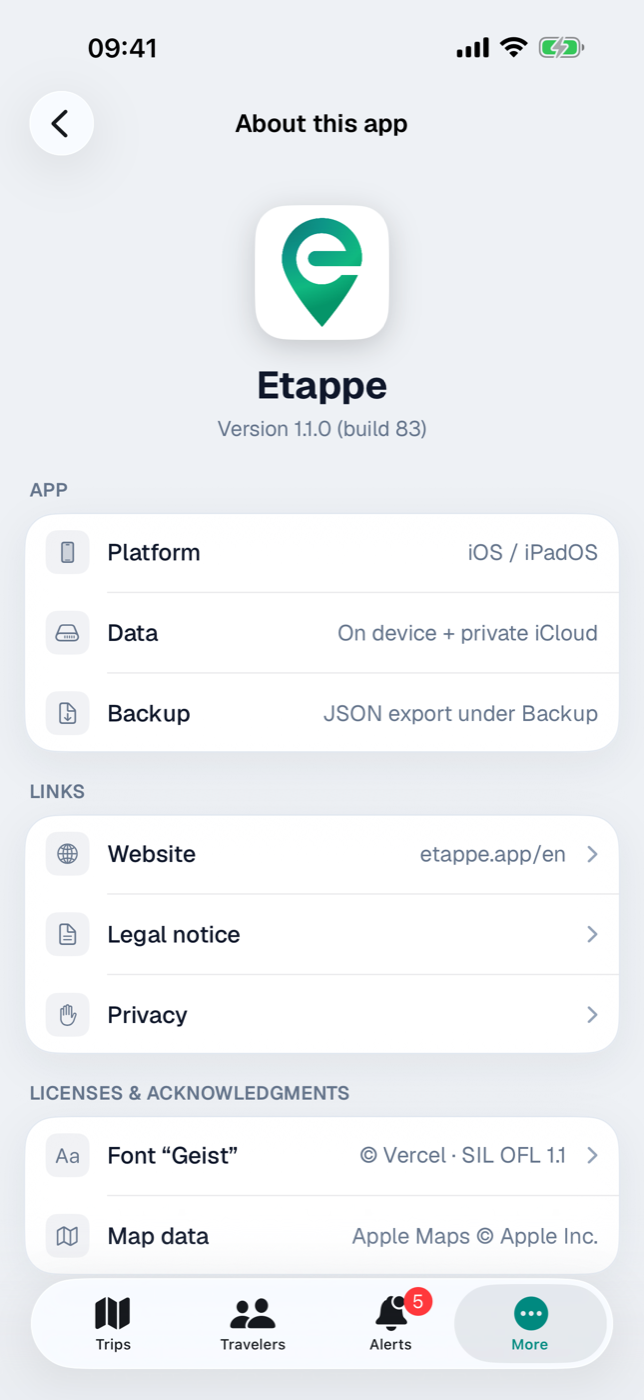 About this app with the rows Platform, Data and Backup