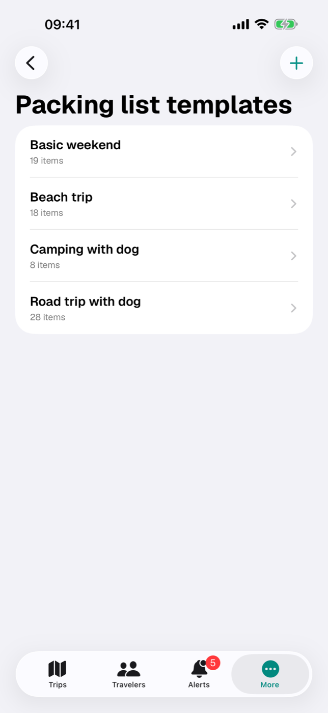 List of packing list templates with the three default templates and their item counts