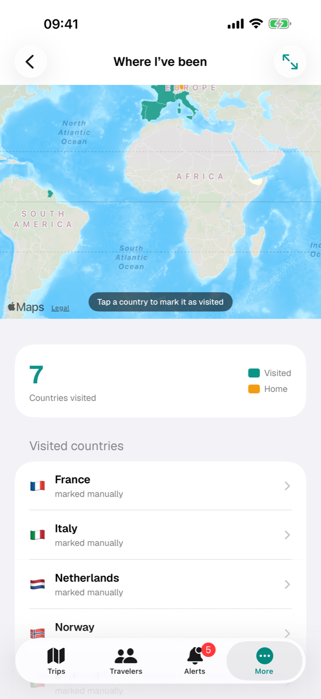 “Where I’ve been” with the colored world map, counter and country list