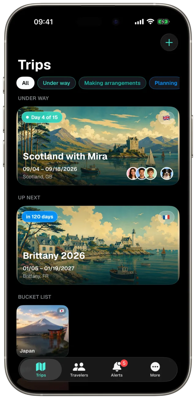Trips list in the Etappe app, dark appearance