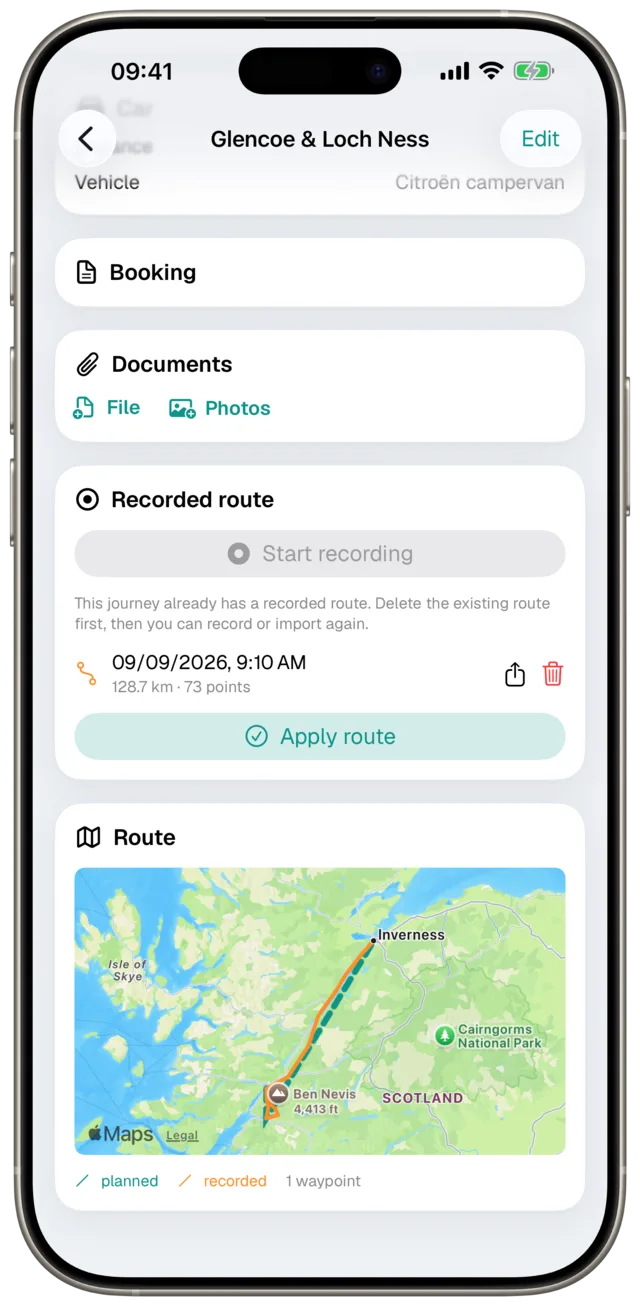Journey with recorded route in Etappe