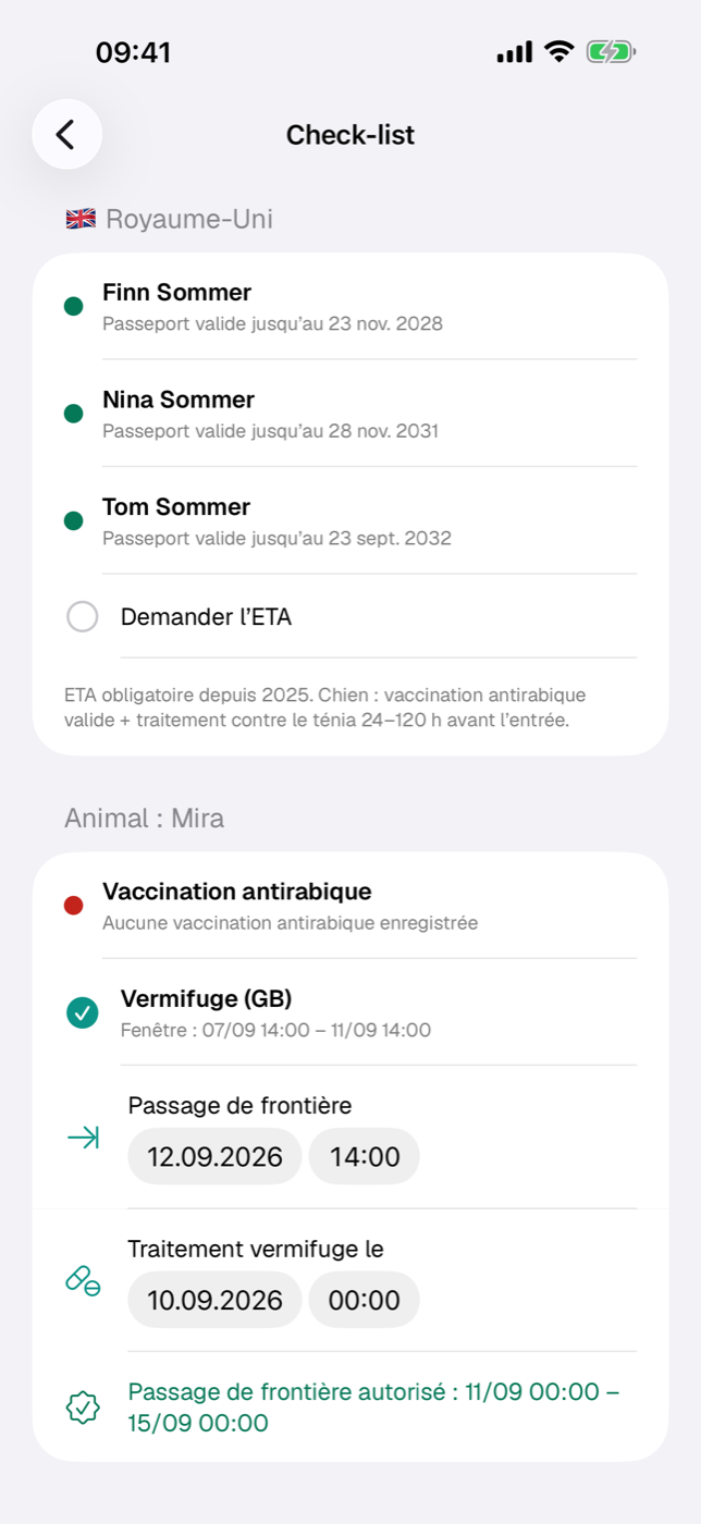 Check-list avec une section pays (lignes à indicateur par personne, point ETA) et une section animal avec la fenêtre du vermifuge