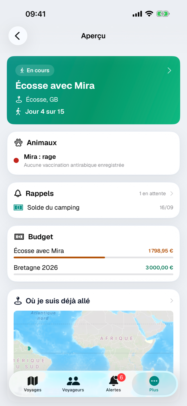 Aperçu avec carte du voyage, rappels, expiration de document, budget et carte du monde