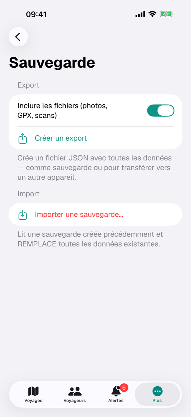 Écran « Sauvegarde » avec l’interrupteur « Inclure les fichiers », le bouton « Créer un export » et la section Import