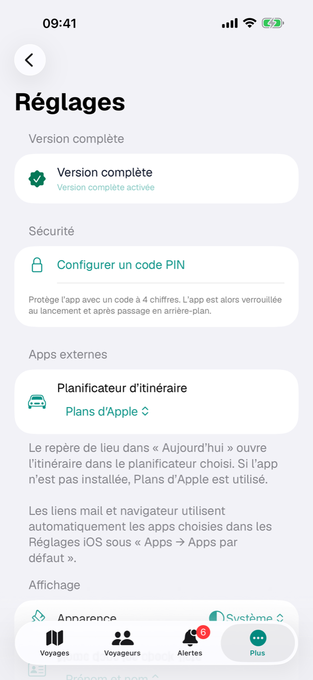 La section « Sécurité » des Réglages, ici sans code configuré