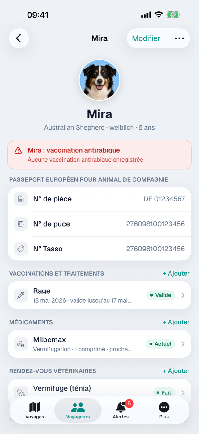 Fiche d’un animal avec passeport européen, vaccination, médicament et rendez-vous vétérinaire