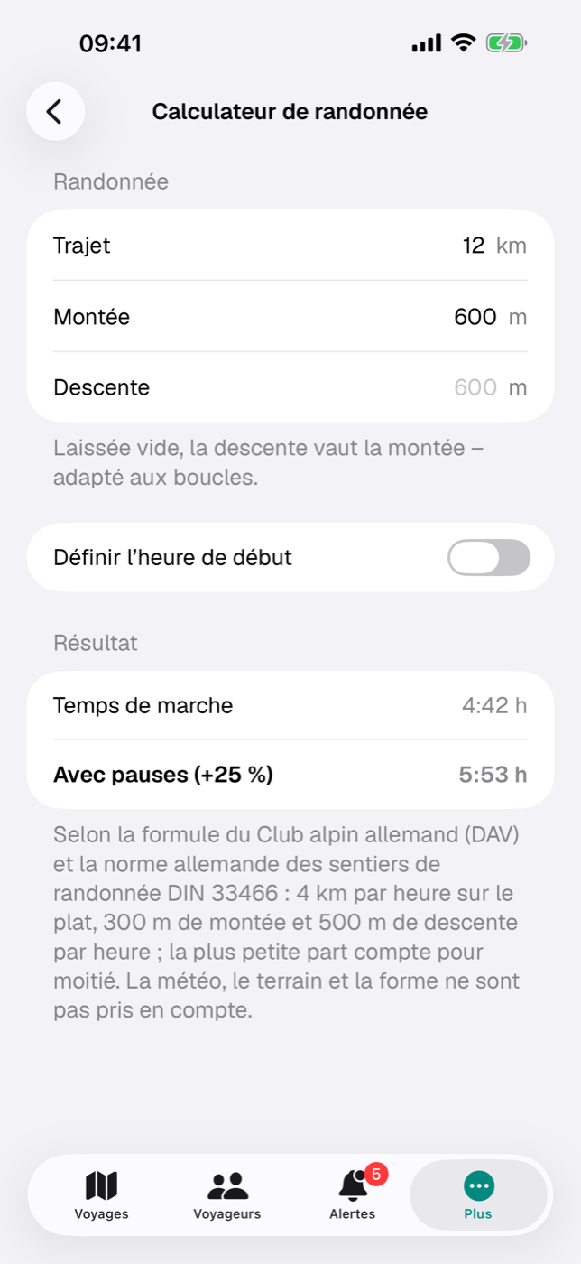Calculateur de randonnée : 12 km et 600 m de montée donnent 4:42 h de marche, 5:53 h avec pauses