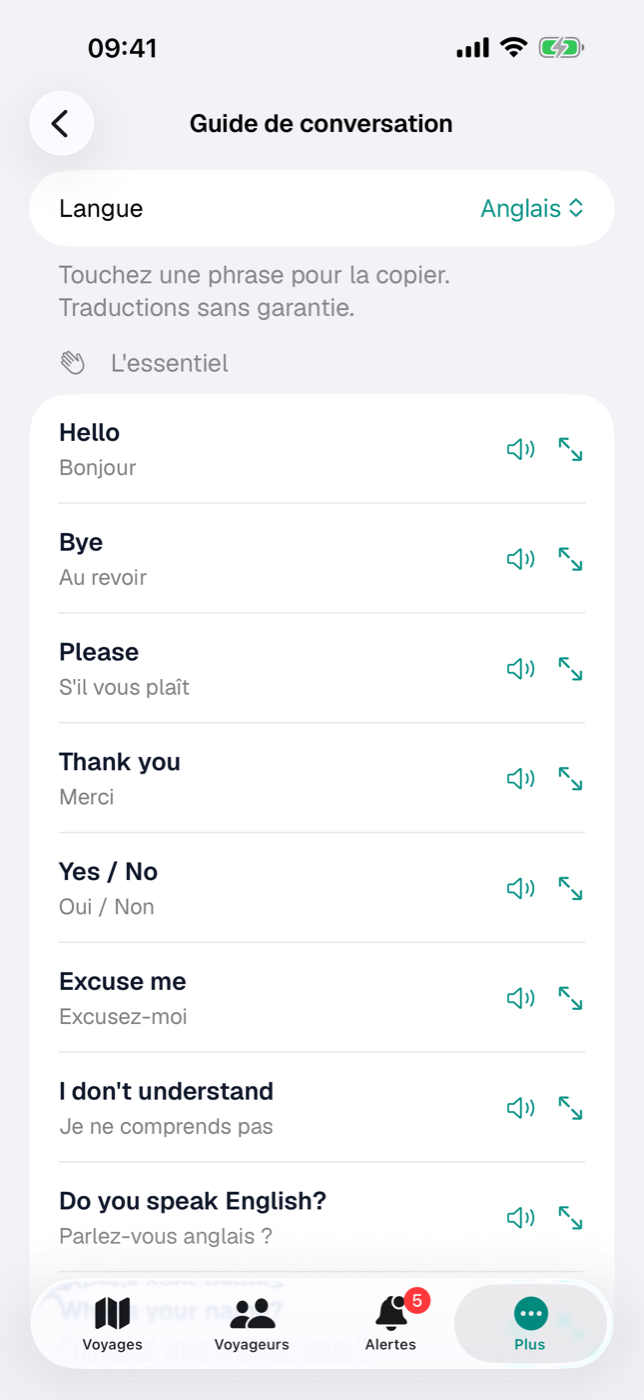 Guide de conversation : phrases avec traduction, lecture à voix haute et affichage en grand