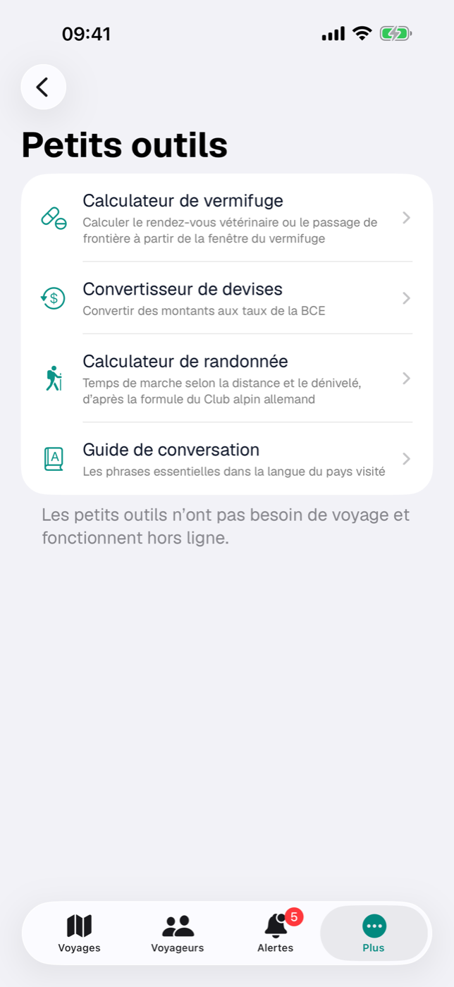 Les petits outils : calculateur de vermifuge, convertisseur de devises, calculateur de randonnée et guide de conversation
