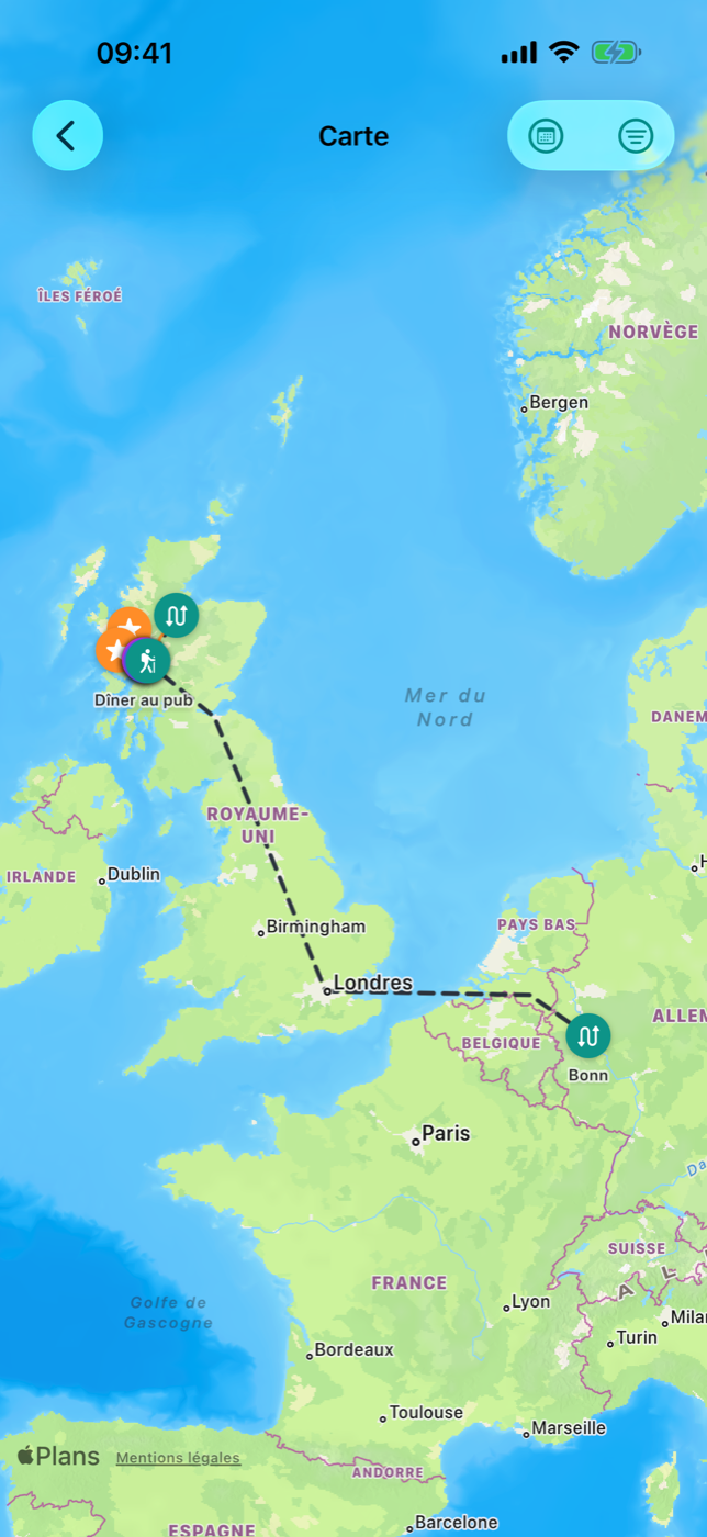 Carte du voyage avec des marqueurs de différents types, une ligne de trajet et le marqueur maison