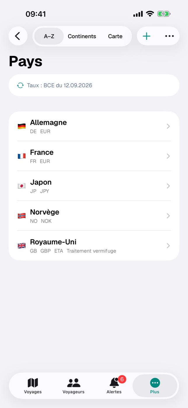 Liste des pays dans la vue A–Z avec drapeau, code ISO, devise et badges courts