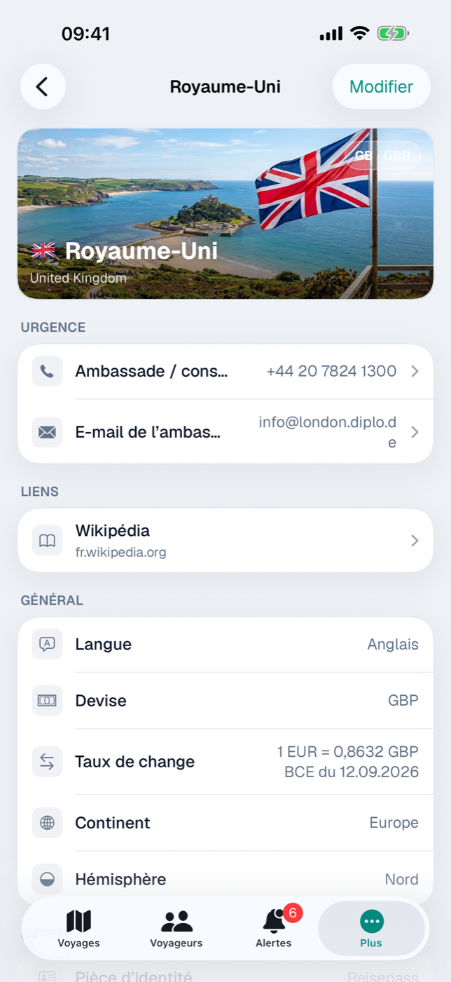 Vue détaillée d’un pays avec bannière, carte Urgence et pastilles d’entrée