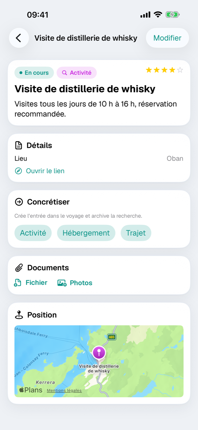 Détail d’une recherche avec carte d’en-tête, détails et boutons Concrétiser