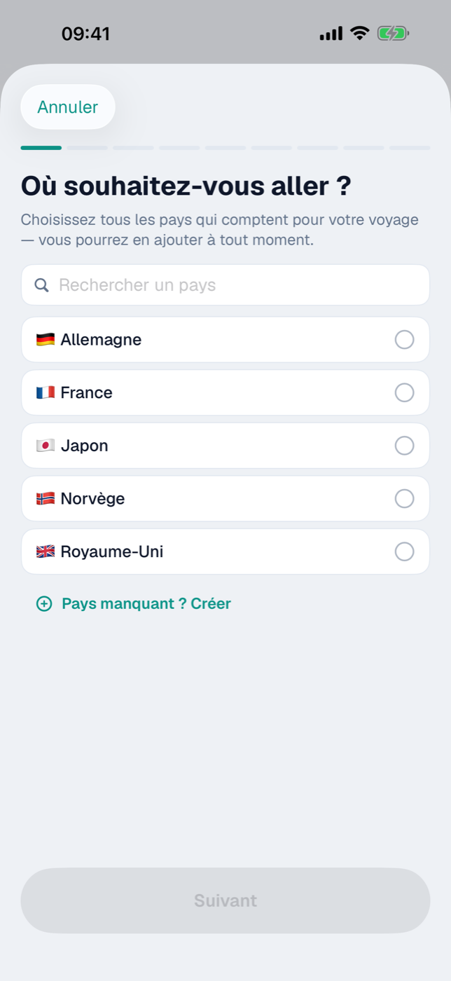 Étape « Où souhaitez-vous aller ? » de l’assistant avec la liste des pays