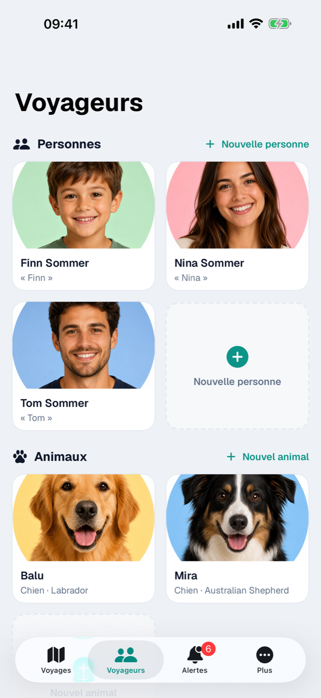 Onglet « Voyageurs » avec les tuiles photo des personnes et la tuile en pointillés « Nouvelle personne »
