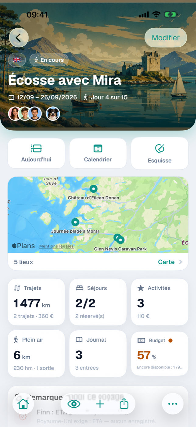 Page du voyage avec le bandeau, les trois tuiles d’accès direct et les six tuiles de chiffres clés