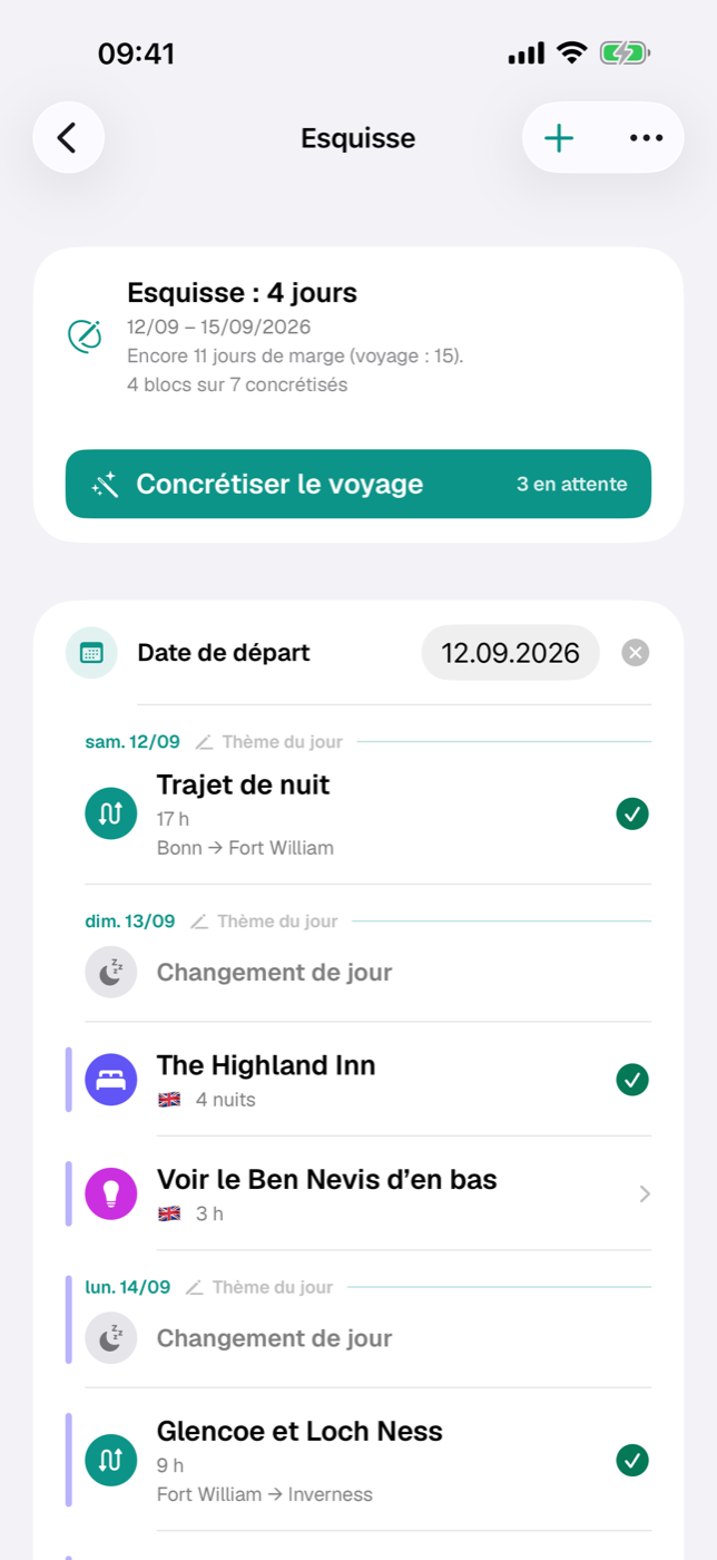 Liste de l’esquisse avec en-têtes de jour, blocs et barres de nuitée