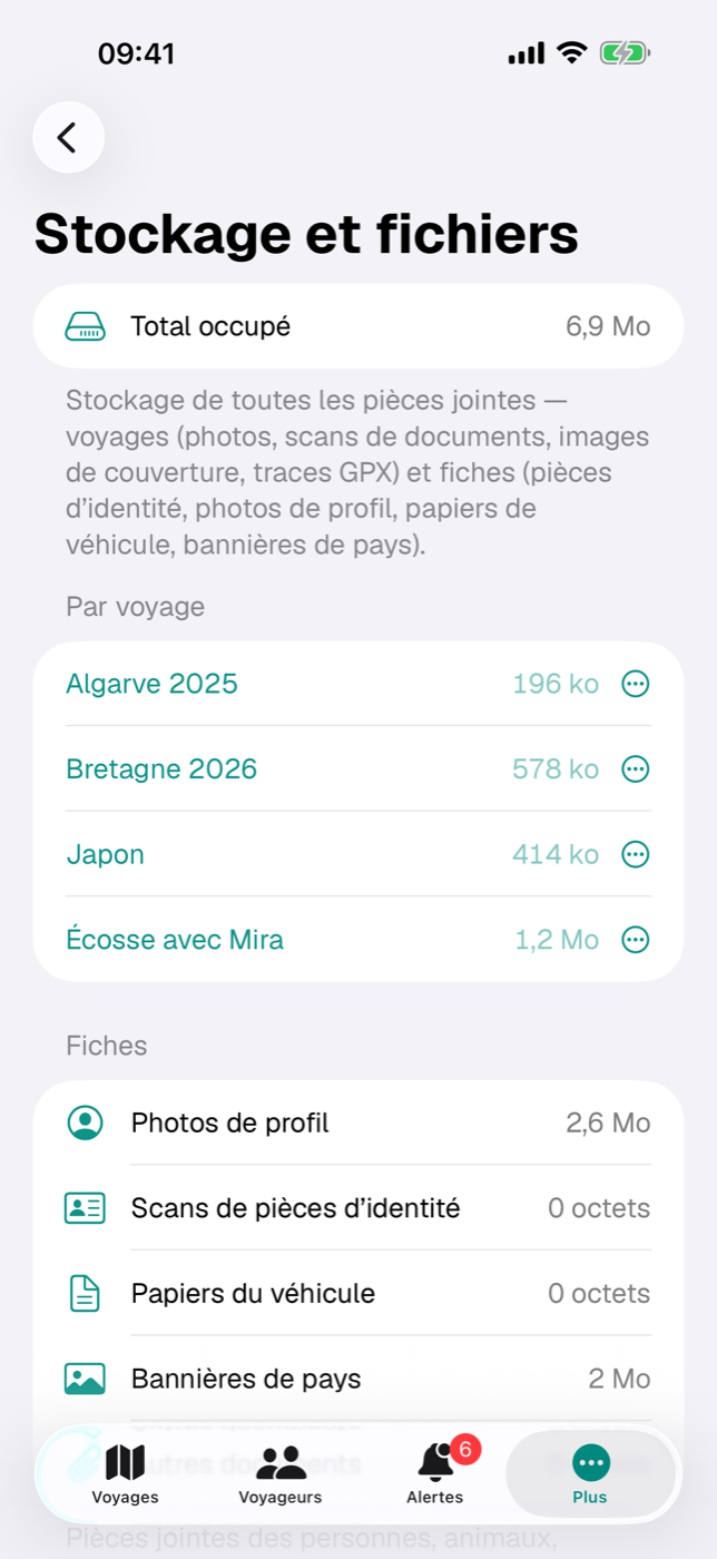Écran « Stockage et fichiers » avec la ligne « Total occupé » et la liste des voyages avec leur taille