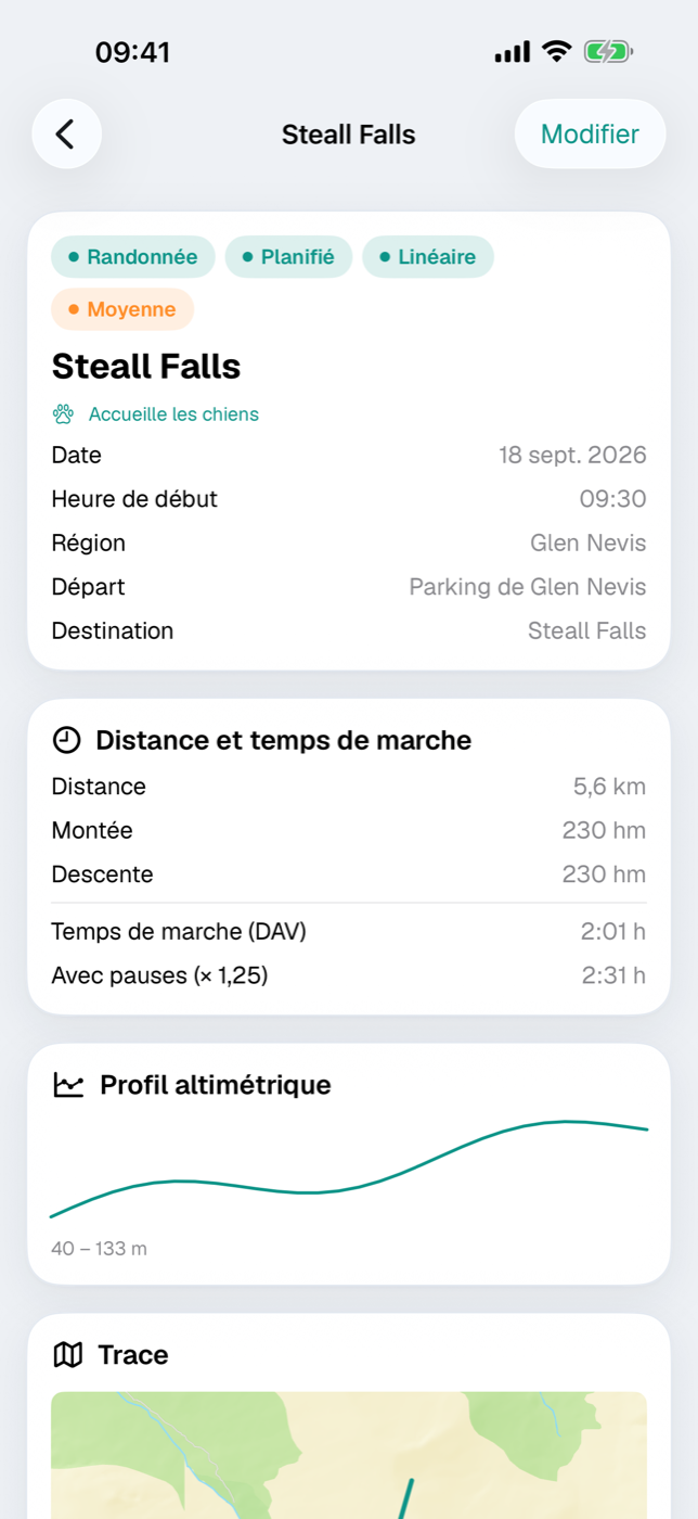 Vue détaillée d’une activité sportive avec la carte du temps de marche, le profil altimétrique et la trace
