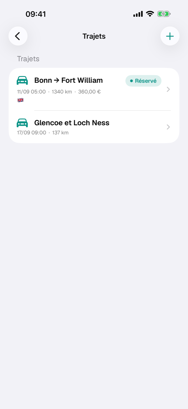 Liste des trajets avec les sections « Trajets » et « Sans date pour l’instant »