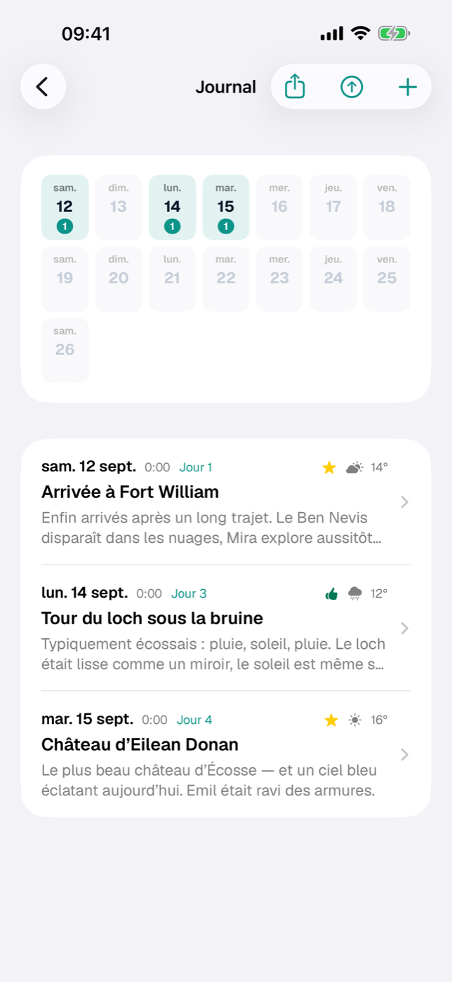 Liste du journal avec la grille des jours en haut et deux entrées