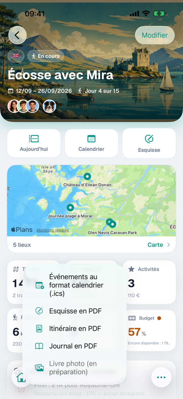 Détail du voyage avec le menu Partager ouvert dans la barre inférieure