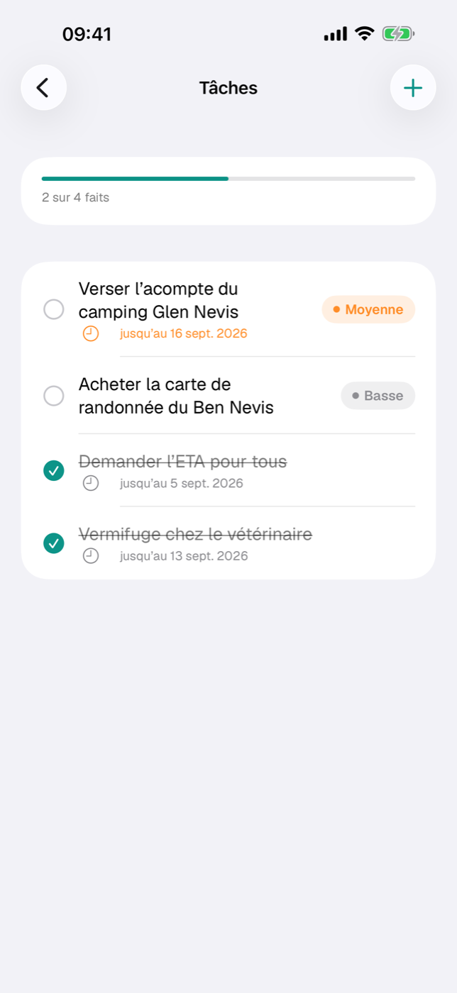 Liste des tâches avec barre d’avancement, pastilles de priorité et échéance dépassée